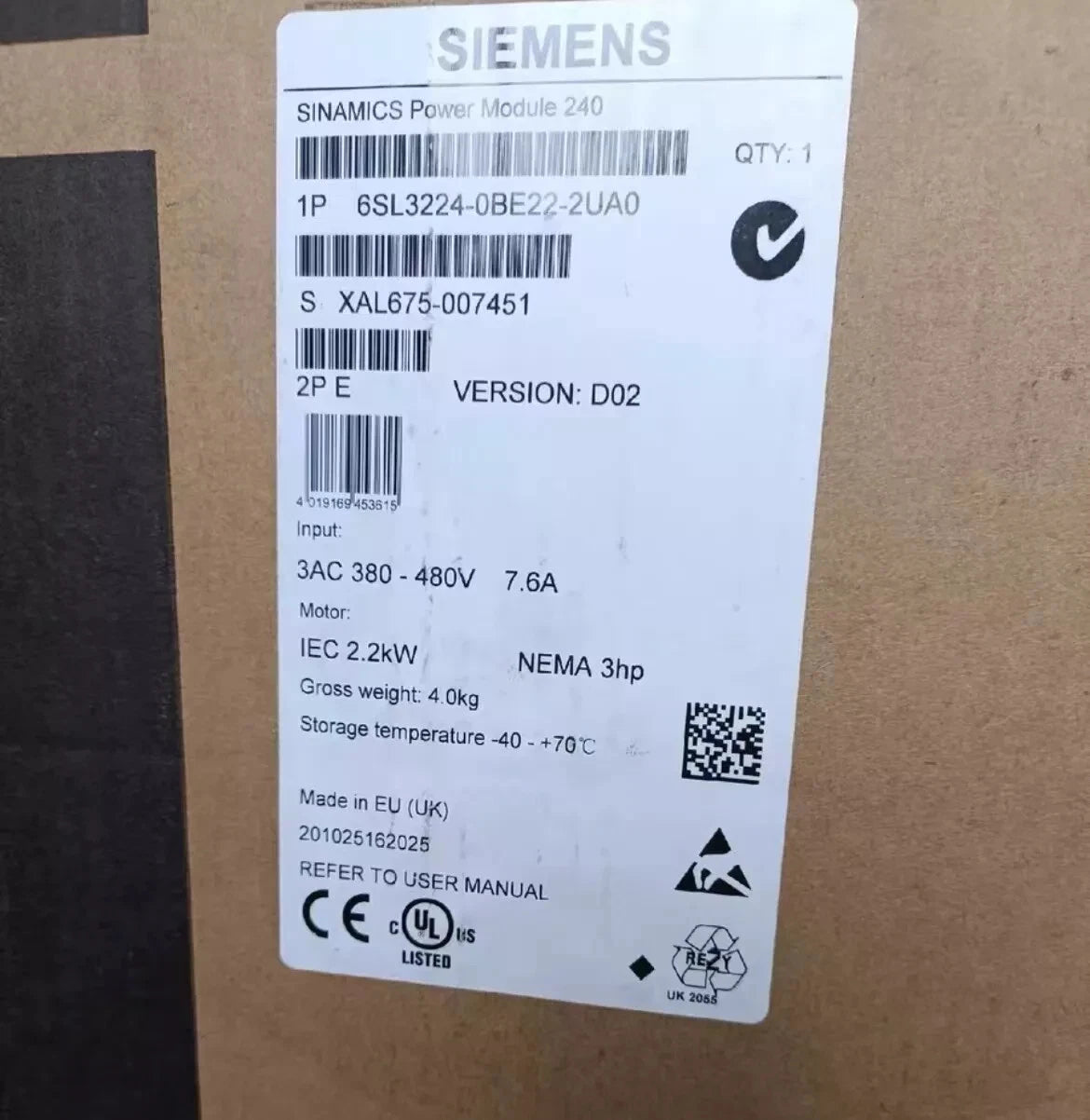 1PCS New In Box Siemens 6SL3224-0BE22-2UA0 6SL3 224-0BE22-2UA0 free shipping