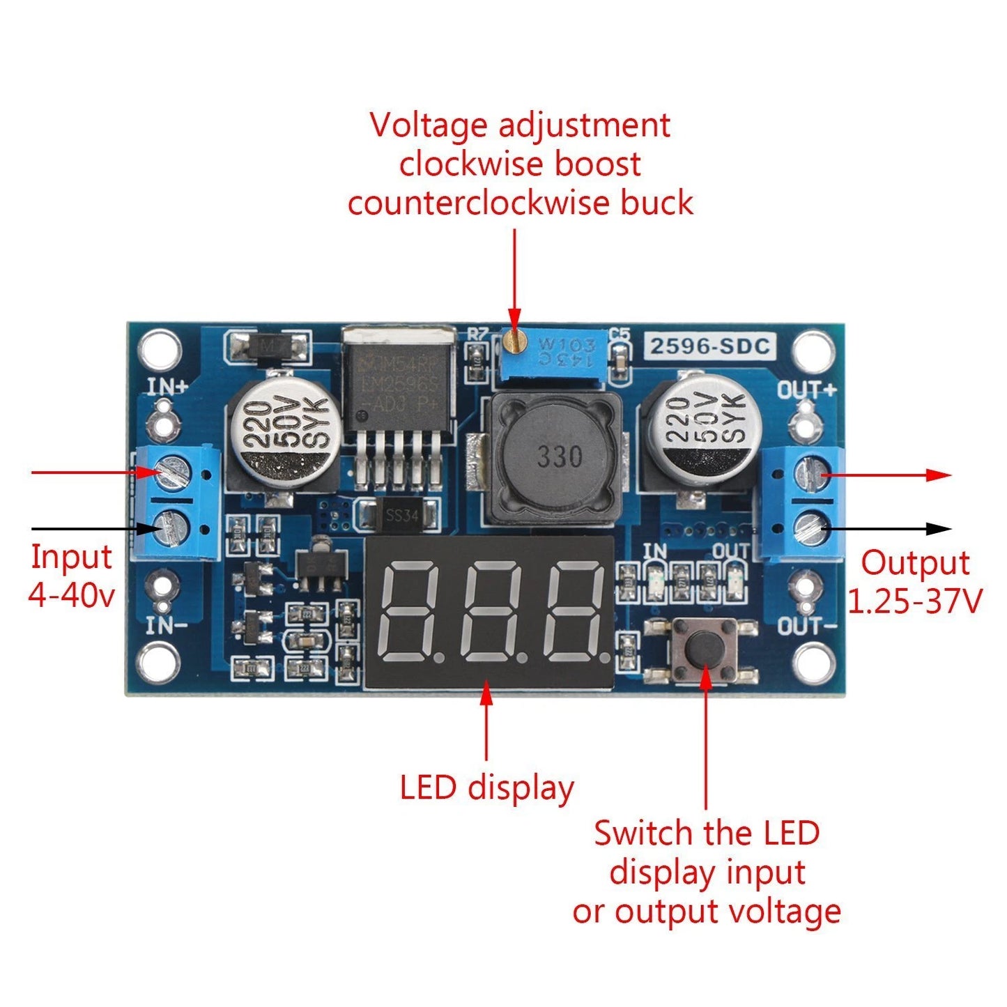 LM2596 DC 4.0-40 to 1.3-37V Adjustable Step-Down Buck Power Module + Voltmeter
