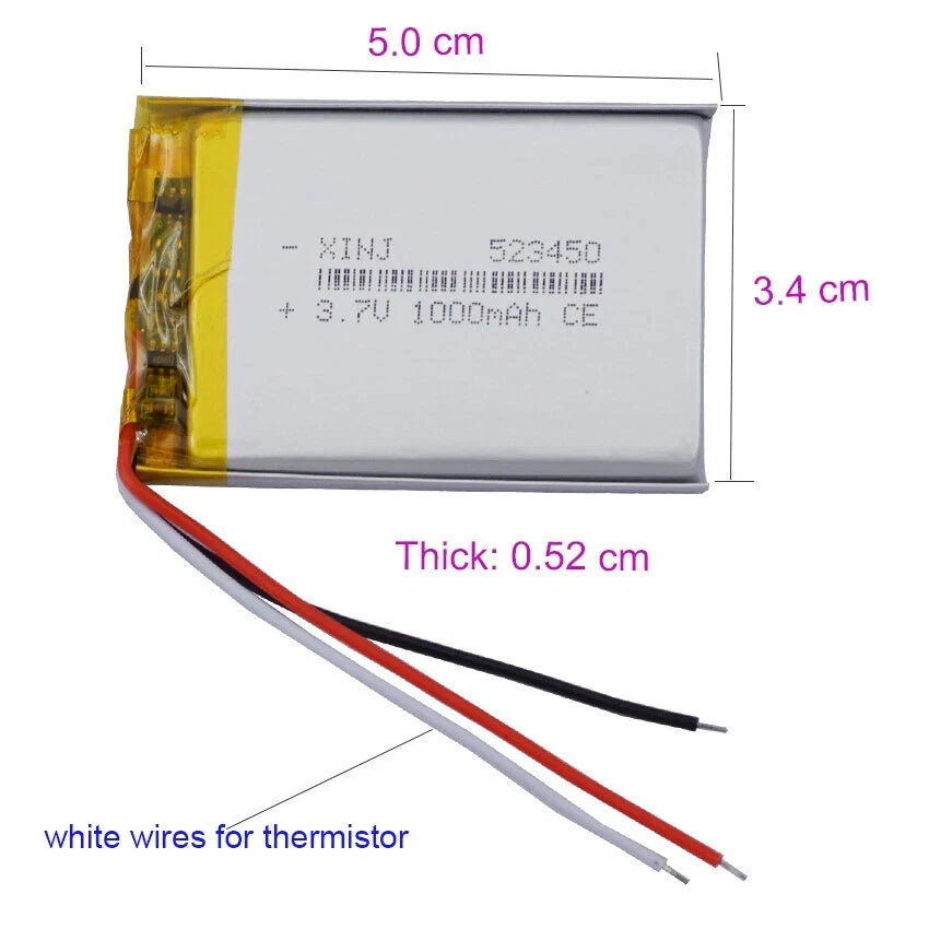 3.7V 1000mAh 3.7Wh Li Li-ion Battery 523450 JST 3-Wires NTC Thermisto