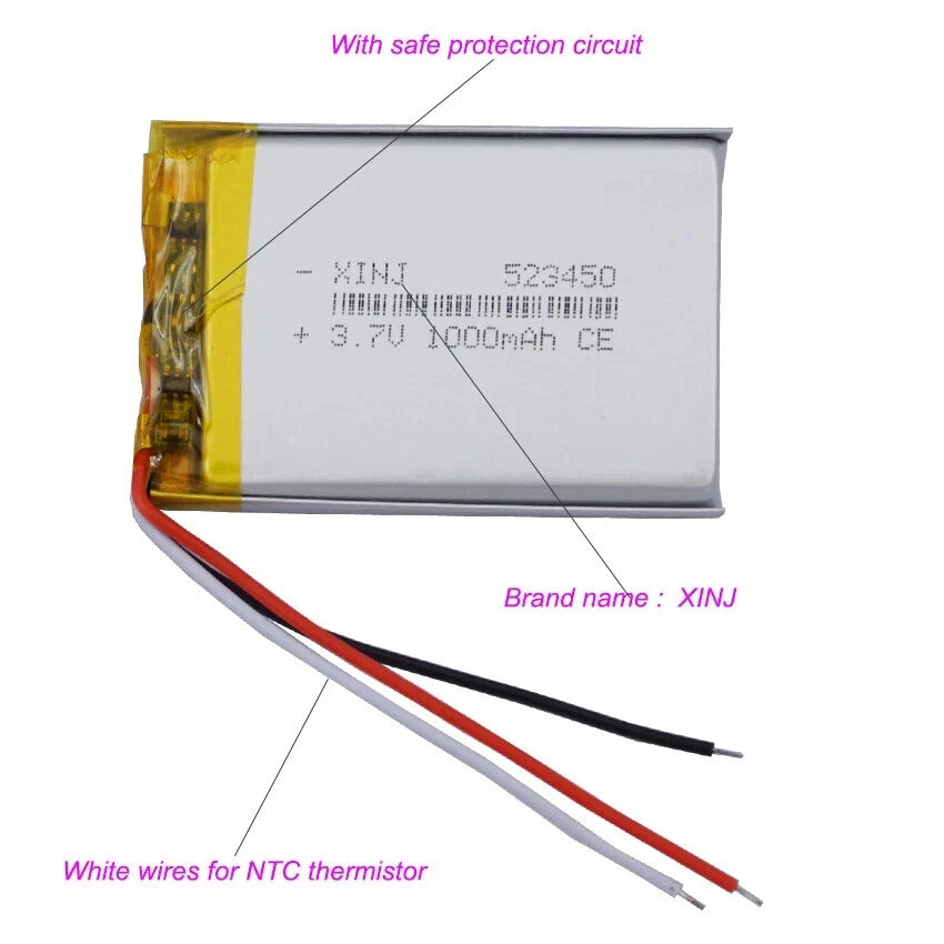 3.7V 1000mAh 3.7Wh Li Li-ion Battery 523450 JST 3-Wires NTC Thermisto