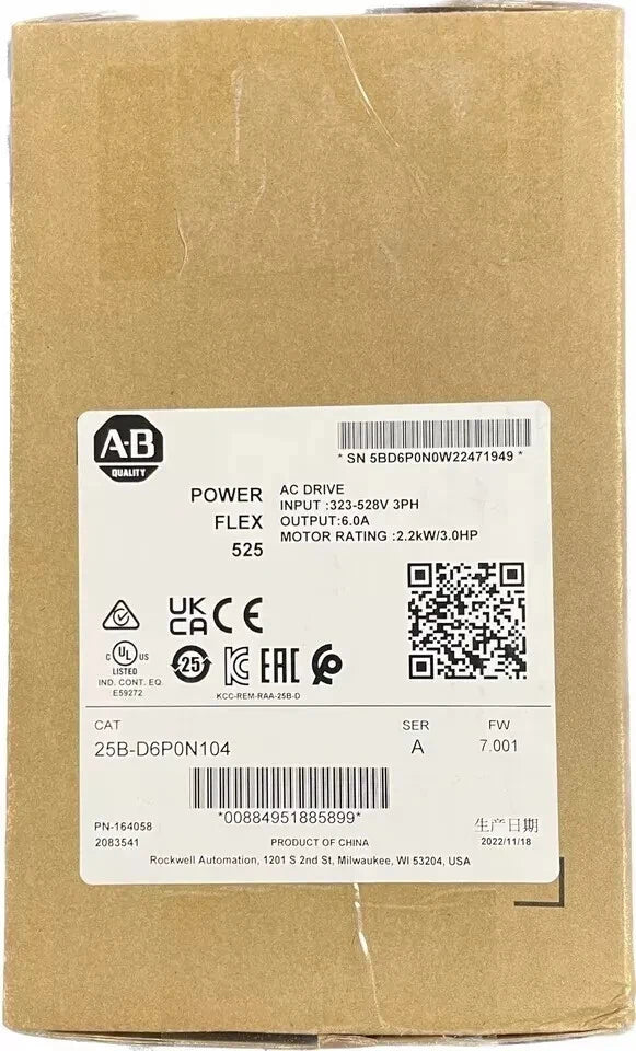 New Allen-Bradley 25B-D6P0N104 /A PowerFlex 525 2.2kW 3Hp AC Drive 25BD6P0N104
