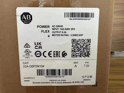 22A-D6P0N104 Allen-Bradley PowerFlex 4 2.2 kW 3 Hp AC Drive 22A-D6P0N104 NEW