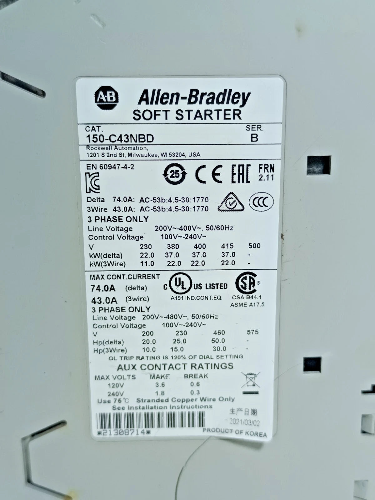 New Allen Bradley 150-C43NBD Open Type 3-Phase 43A Smart Motor Controller