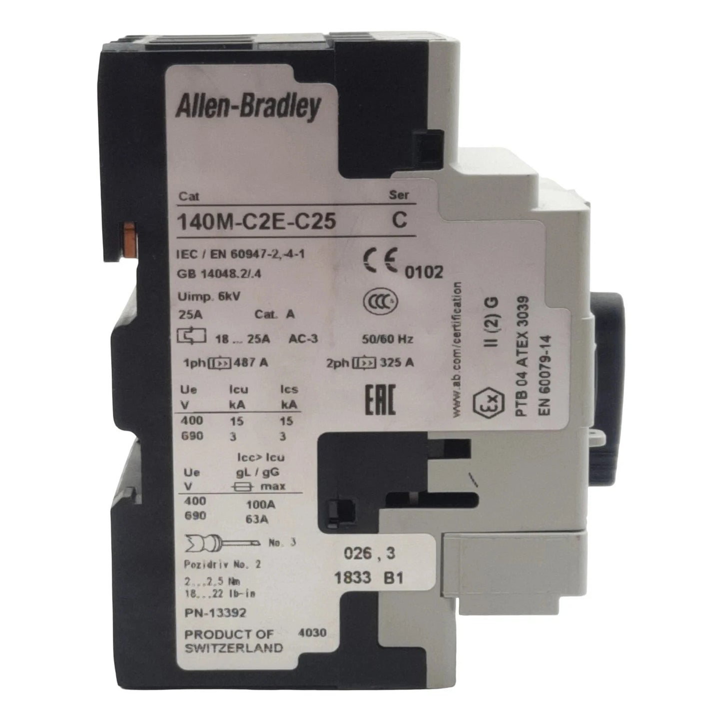 Allen Bradley 140M-C2E-C25 Circuit Breaker, 3-Pole 3PH 1NO + 1NC, 18-25A, 690VAC