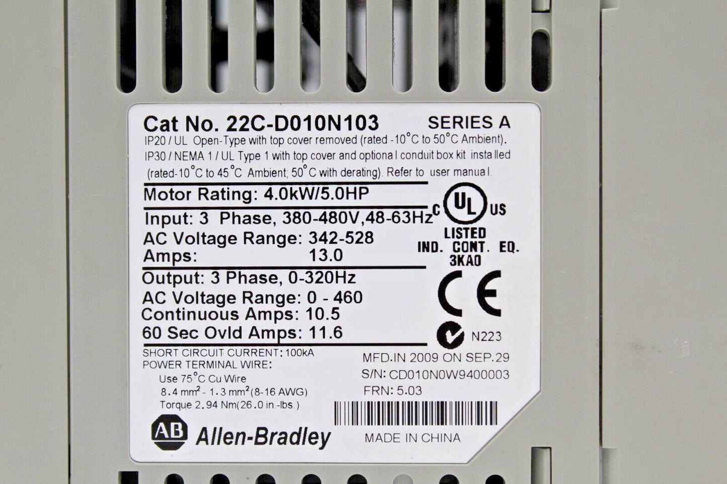 Allen-Bradley AB 22C-D010N103 PowerFlex 400 4 kW 5 HP AC Drive 22CD010N103