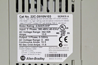 Allen-Bradley AB 22C-D010N103 PowerFlex 400 4 kW 5 HP AC Drive 22CD010N103