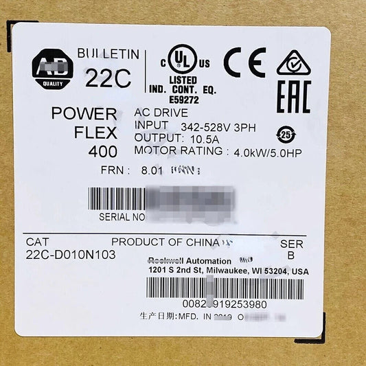 Allen-Bradley AB 22C-D010N103 PowerFlex 400 4 kW 5 HP AC Drive 22CD010N103