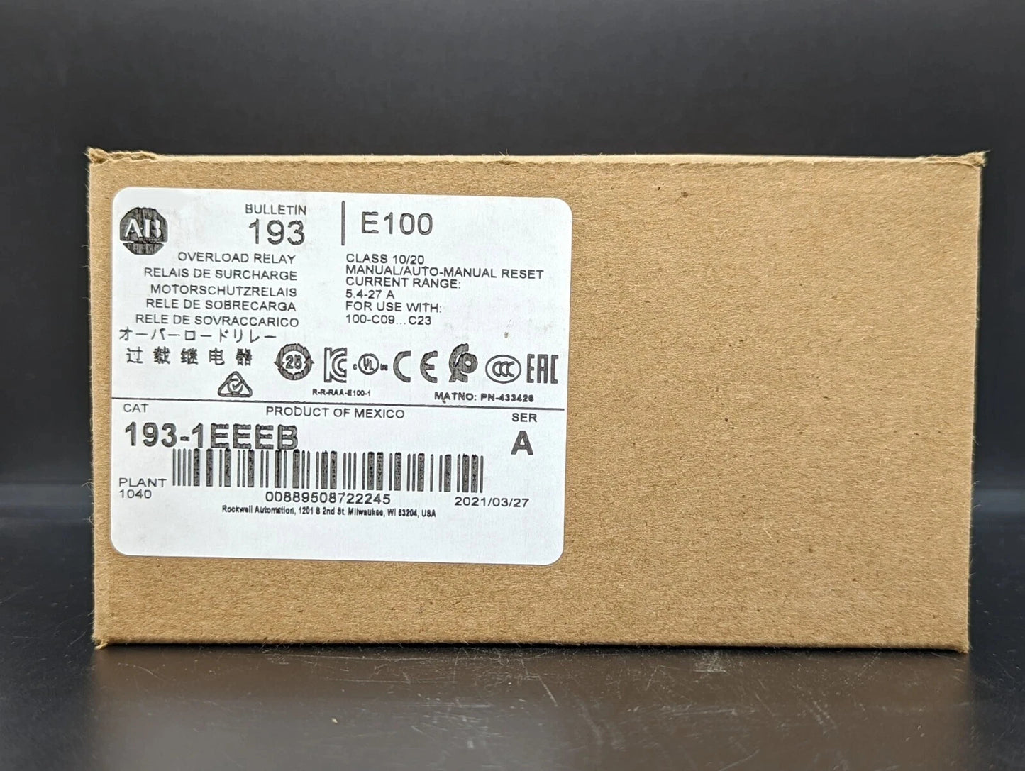 Allen Bradley 193-1EEEB Overload Relay 5.4-27AMPS NEW IN BOX US