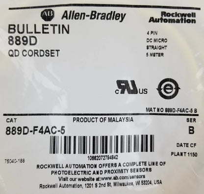 Allen-Bradley 889D-F4AC-5 Cordset 4Pin Female Straight 5m 22AWG Yellow PVC NEW