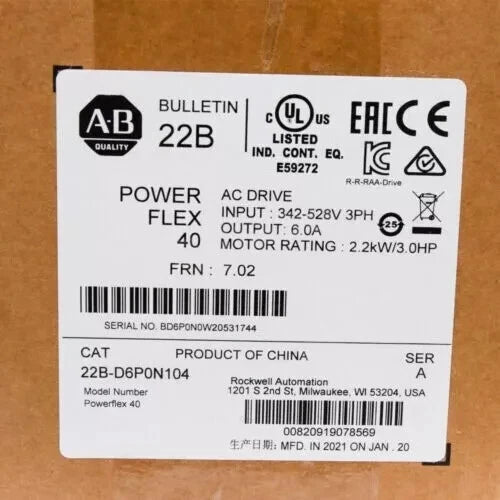 22B-D6P0N104 Allen-Bradley PowerFlex 40 2.2KW/3.0HP AC Drive AB 22BD6P0N104